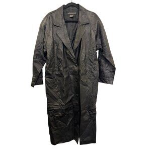 vintage Savannah Black Leather Long Coat M Button-Front Fully Lined Trench Coat